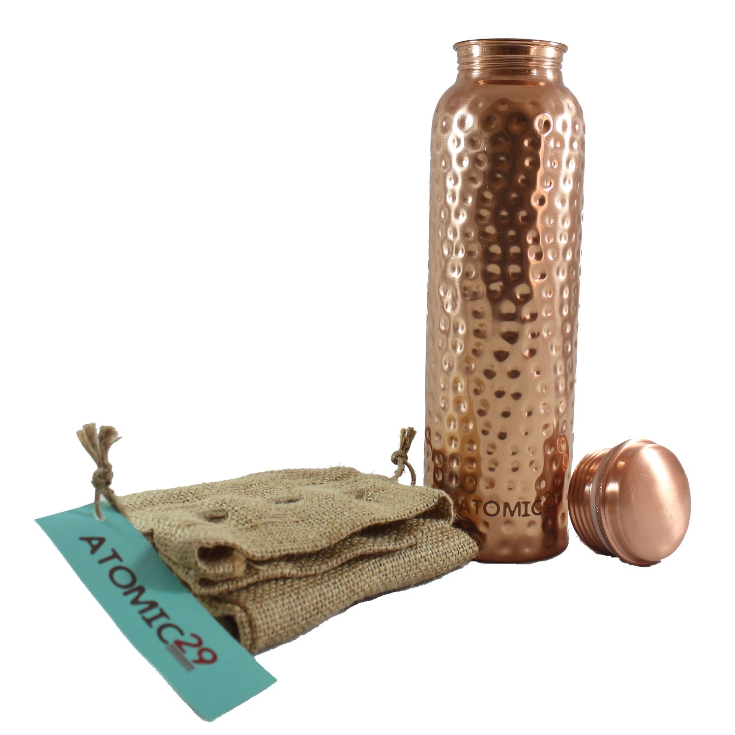 Copper Water Bottle Hammered Design 950ml - 1L with carry on Burlap (Jute) bag - Atomic29