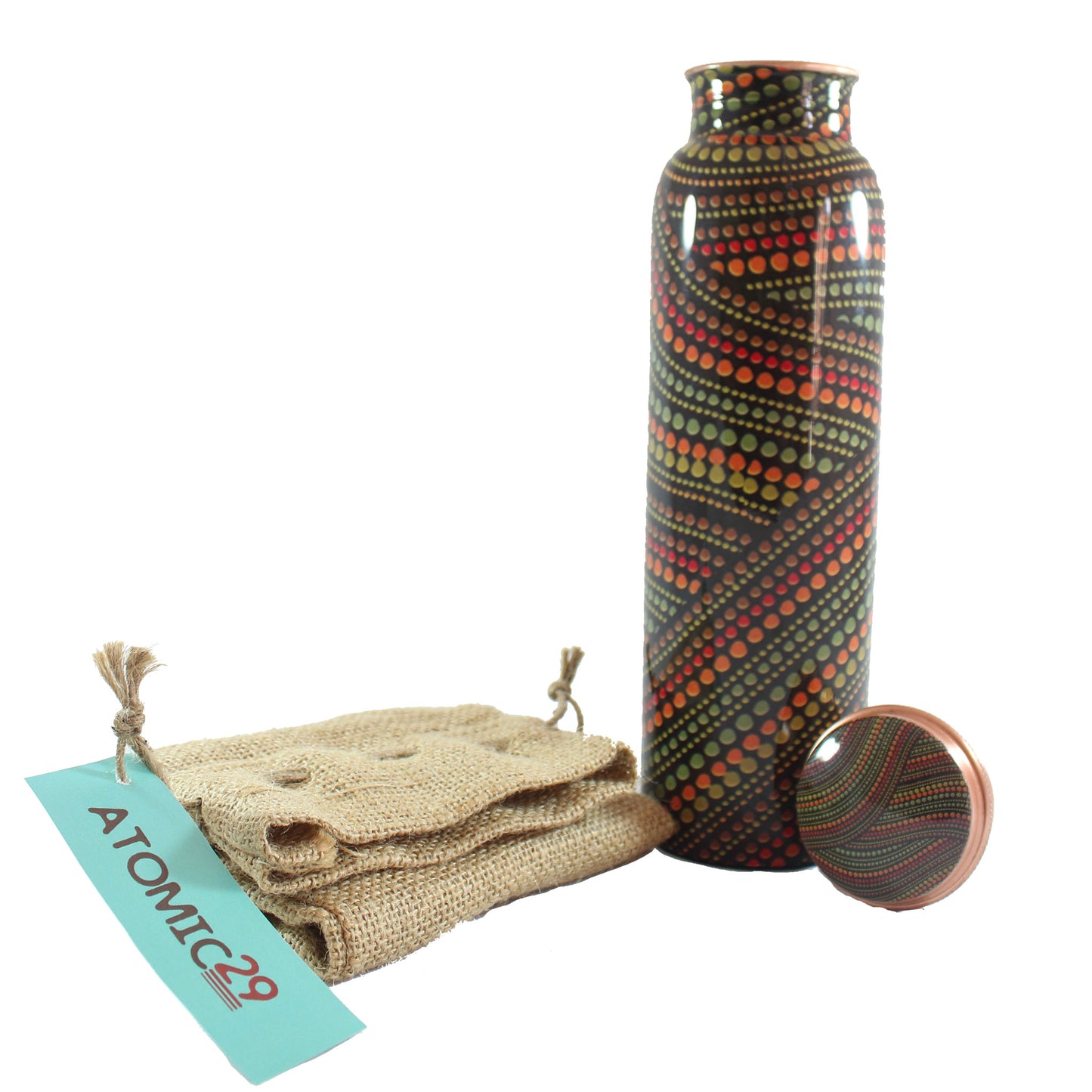 Copper Water Bottle Native Design 950ml - 1L with carry on Burlap (Jute) bag - Atomic29